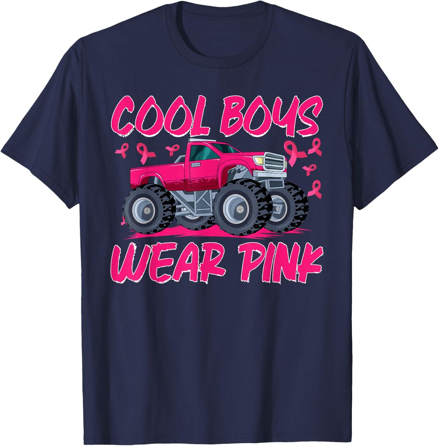 Monster Truck Cool Boys Wear Pink Breast Cancer Awareness T-Shirt - T-Shirt | Navy