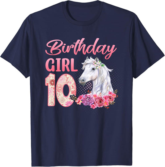 Horse Lovers 10th Birthday Girl Cute 10 Year Old T-Shirt - T-Shirt | Navy