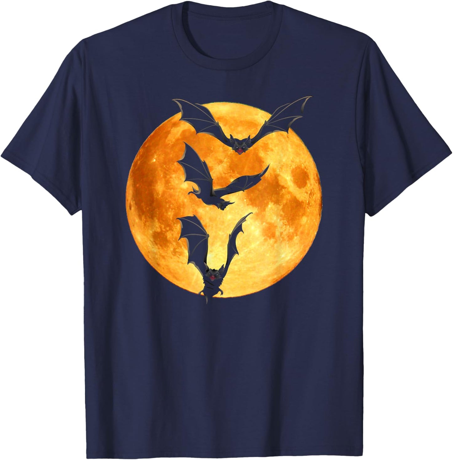 Orange Full Moon Halloween Bat Flying Bats Moonlight Vampire T-Shirt - T-Shirt | Navy