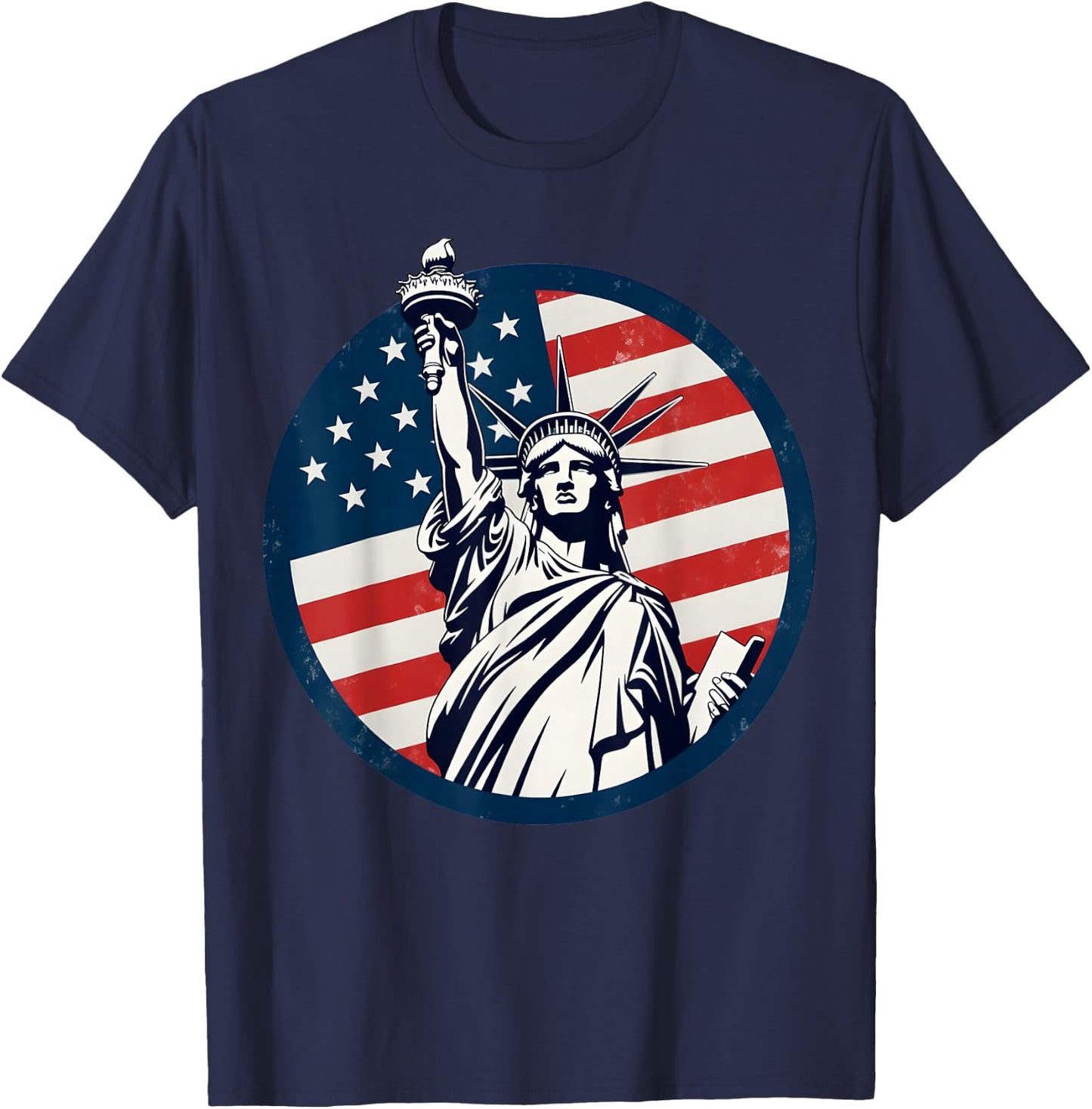 Statue of Liberty with American Flag - Fourth of July T-Shirt - T-Shirt | Navy