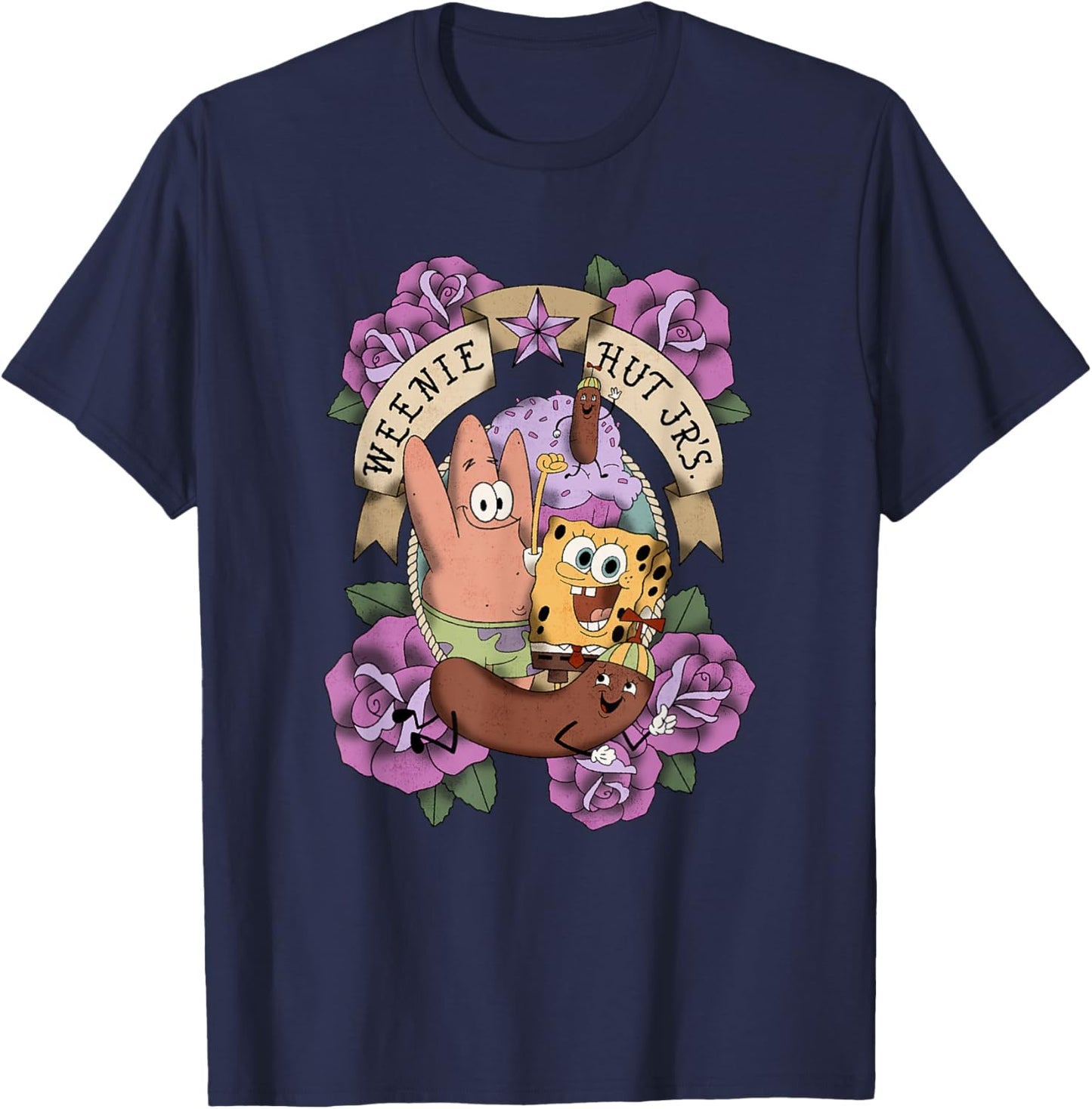 SpongeBob SquarePants Patrick Weenie Hut Jr's. Floral Logo T-Shirt - T-Shirt | Navy