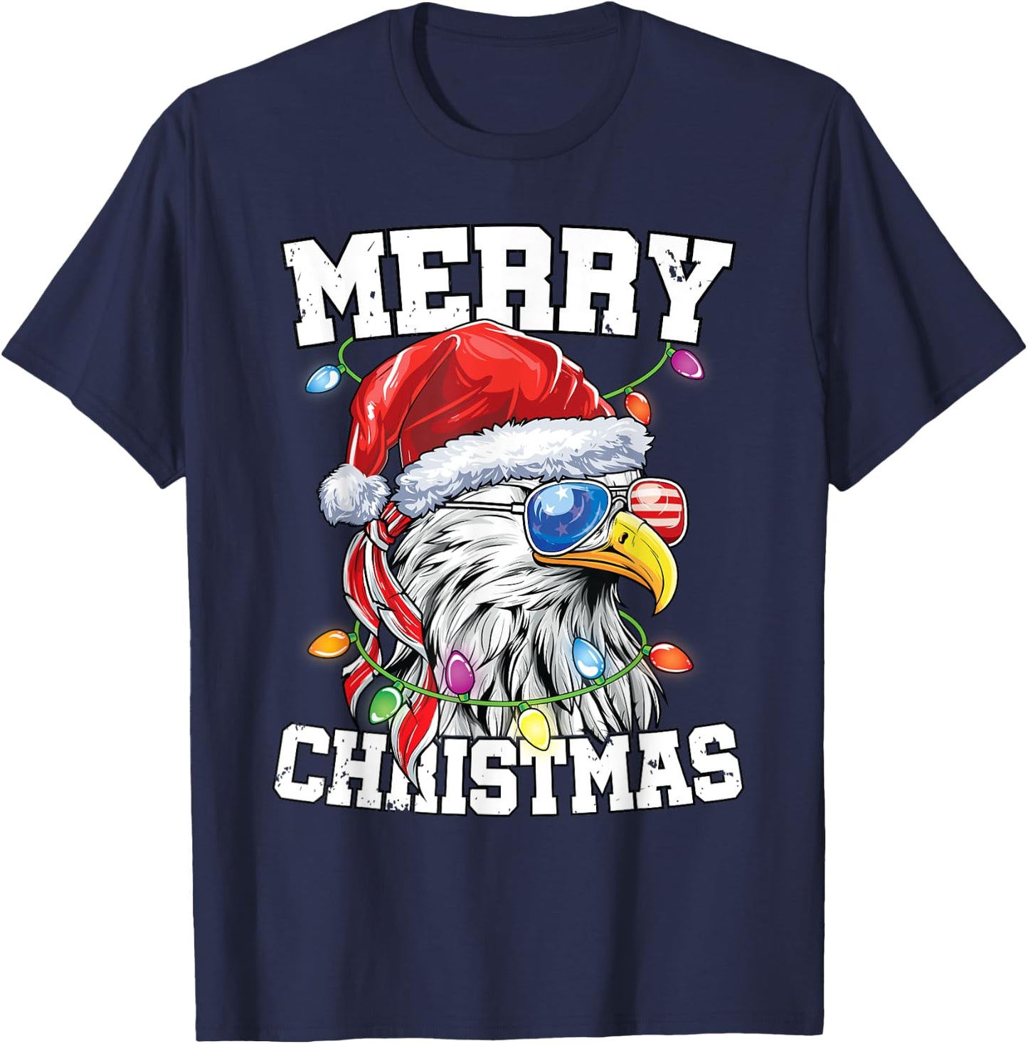 Merry Christmas Patriotic USA Patriotic Santa Bald Eagle T-Shirt - T-Shirt | Navy