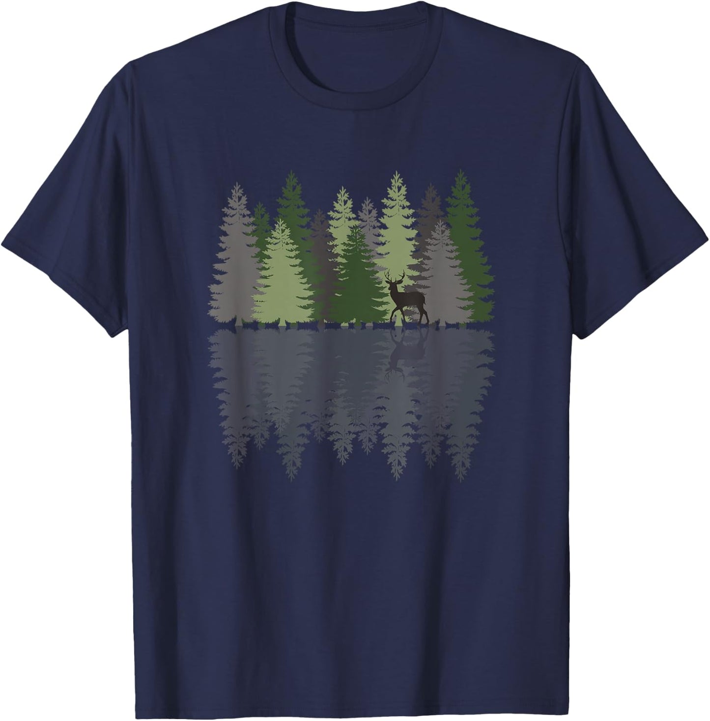 Forest Reflection Nature Trees Woods Deer Outdoor Camper T-Shirt - T-Shirt | Navy