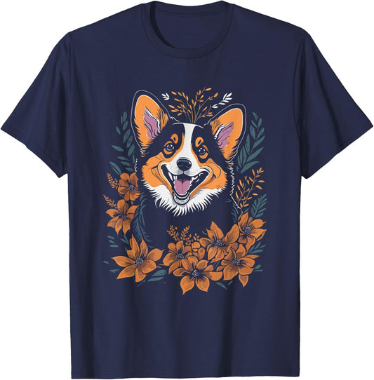 Corgi Flowers - Funny Floral Corgi Lover Dog Mom Dad Women Girls Kids T-Shirt - T-Shirt | Navy