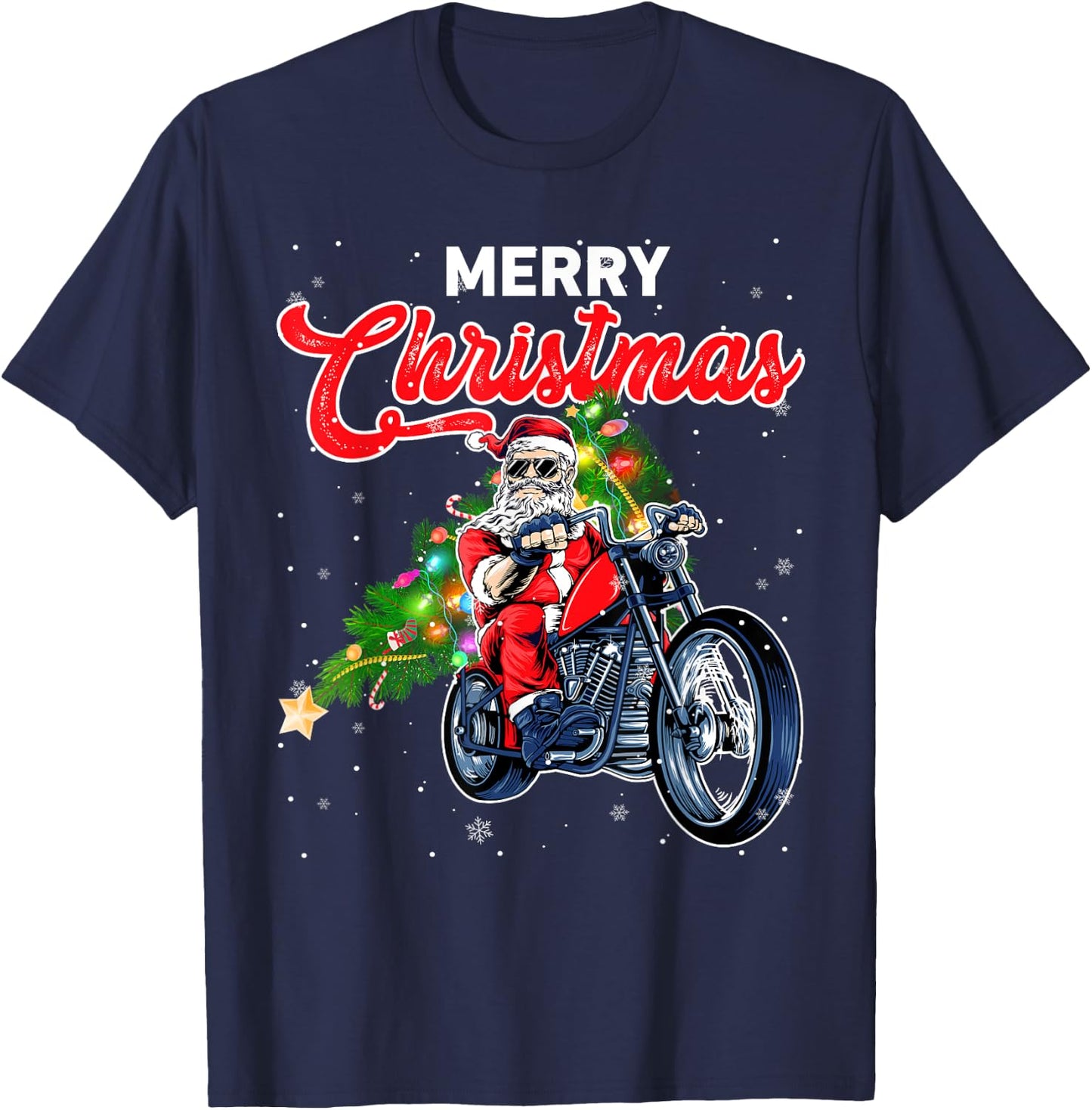 Funny Santa Claus With Motorcycle Xmas Tree Merry Christmas T-Shirt - T-Shirt | Navy
