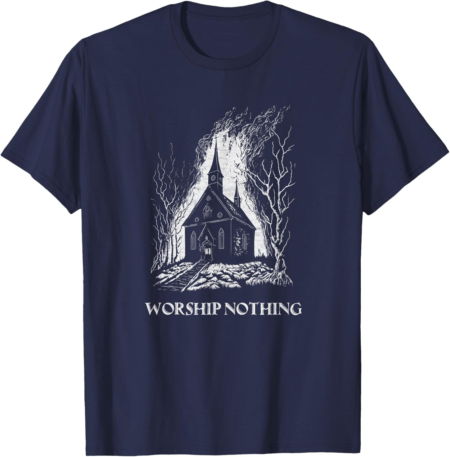 Burning Church Worship Nothing Atheist Satan Antichrist Goth T-Shirt - T-Shirt | Navy