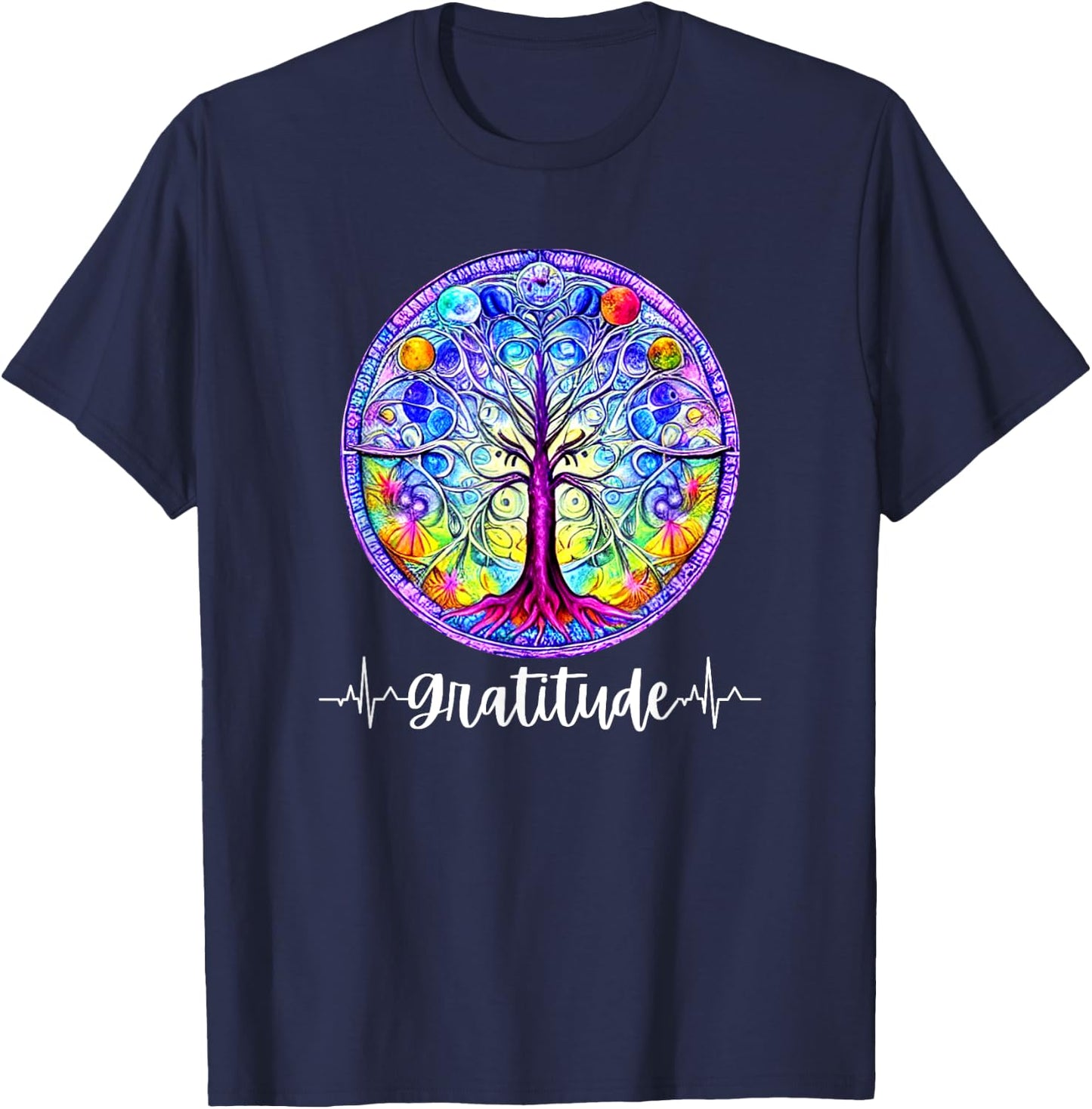 Chakra Whimsical Fantasy Tree of Life Gratitude T-Shirt - T-Shirt | Navy