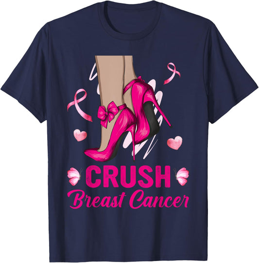 Crush Breast Cancer Awareness Bling High Heels Pink Ribbon T-Shirt - T-Shirt | Navy