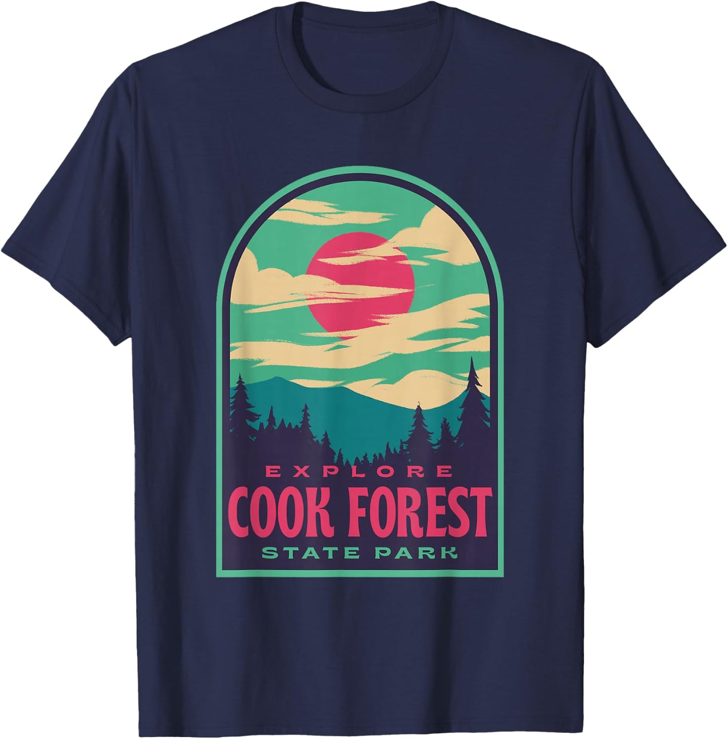 Cook Forest State Park Retro Sunset T-Shirt - T-Shirt | Navy