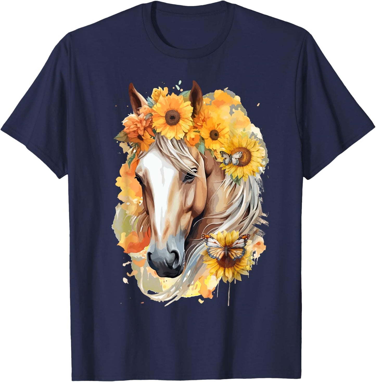 Sunflower Horse Portrait Boho Equestrian Horseback Riding T-Shirt - T-Shirt | Navy