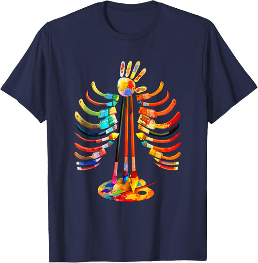 Halloween Art Teacher Bone Graphic Colorful Artist Halloween T-Shirt - T-Shirt | Navy