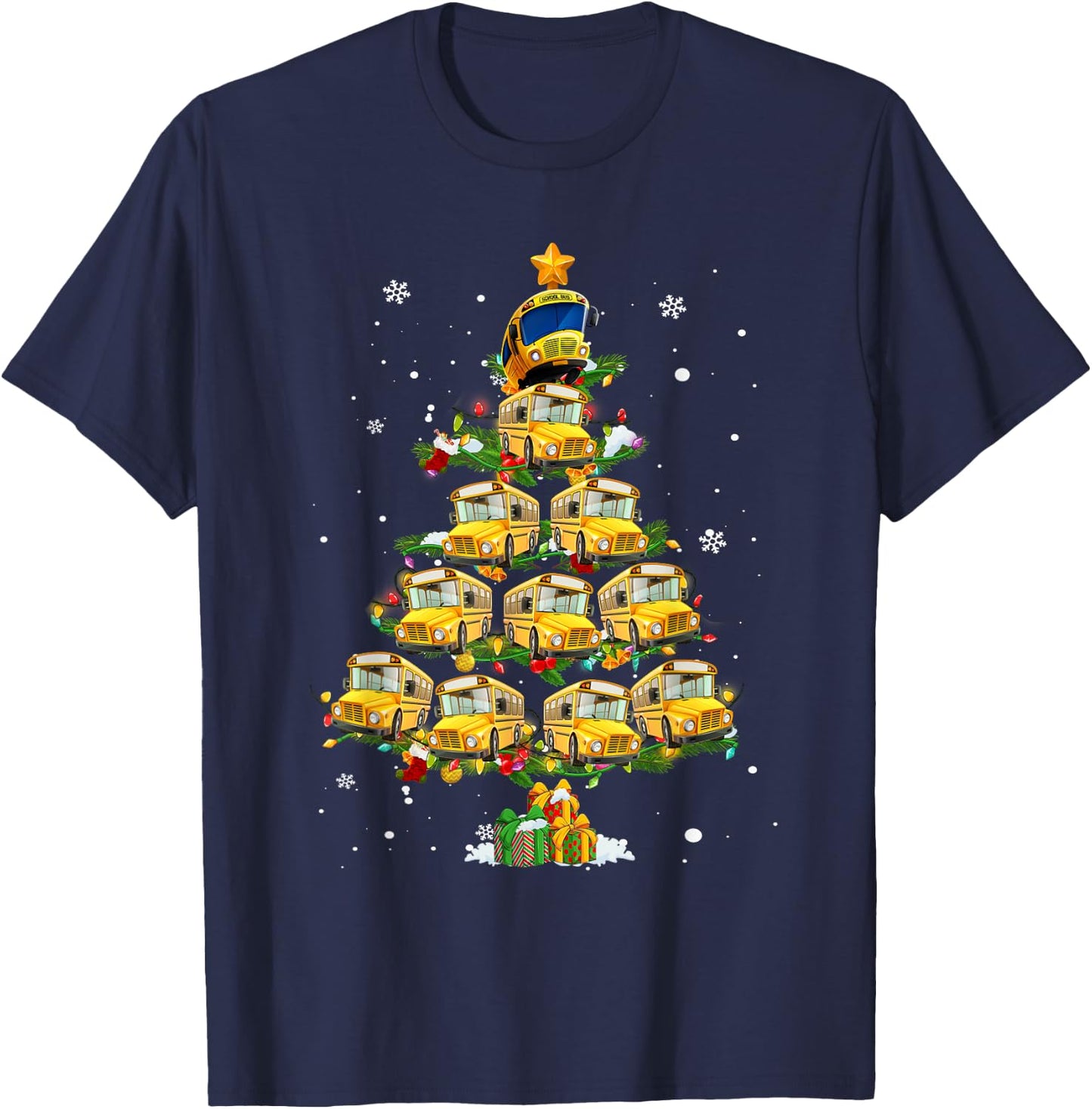 School Bus Christmas Tree Funny Santa Bus Driver Pajama Xmas T-Shirt - T-Shirt | Navy