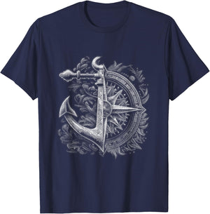 Compass Drawing - Realistic Anchor Sailing Nautical T-Shirt - T-Shirt | Navy
