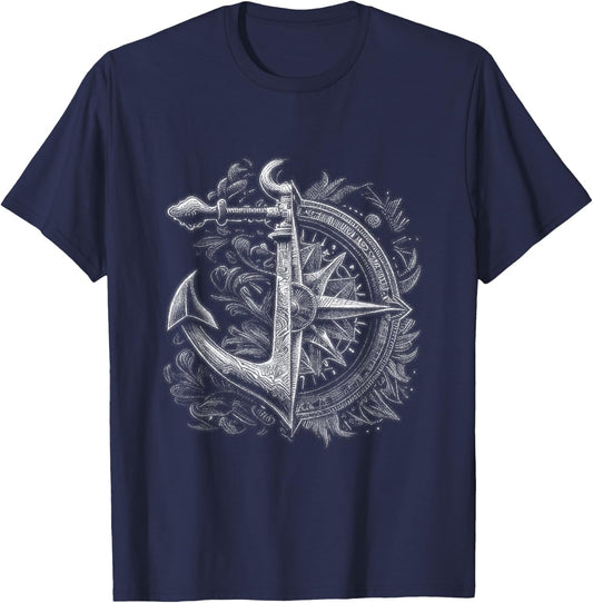 Compass Drawing - Realistic Anchor Sailing Nautical T-Shirt - T-Shirt | Navy