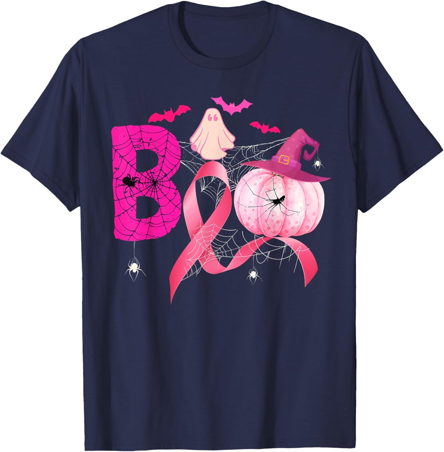Funny Boo Pumpkin Witch Pink Ribbon Breast Cancer Halloween T-Shirt - T-Shirt | Navy