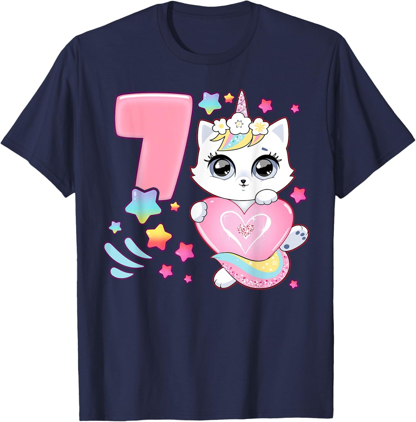 Birthday girl 7 years old, cat, unicorn, 7th birthday T-Shirt - T-Shirt | Navy