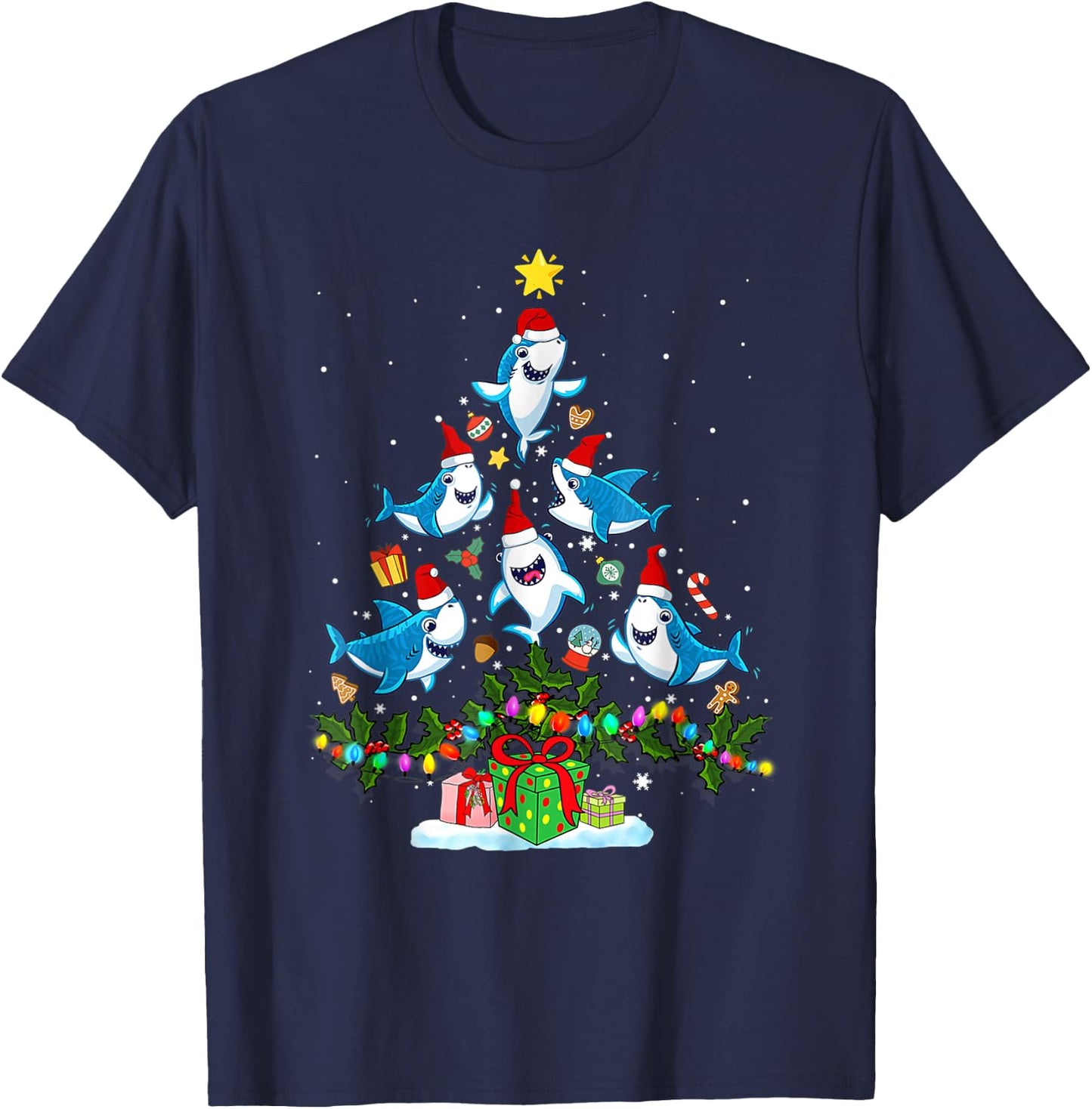 This Is My Christmas Pajama Shirt Funny Christmas Shark Tree T-Shirt - T-Shirt | Navy