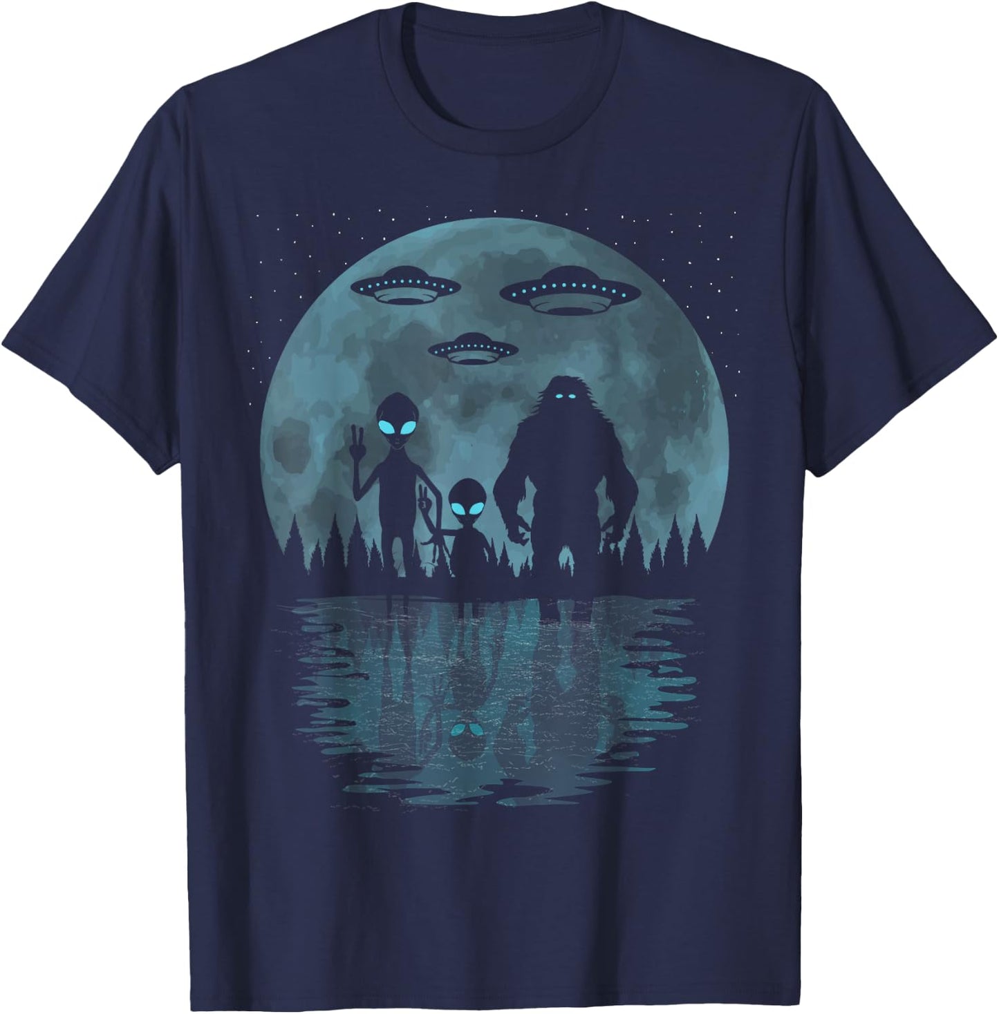 Alien And Bigfoot Moon, UFO's Funny Sasquatch And Aliens T-Shirt - T-Shirt | Navy