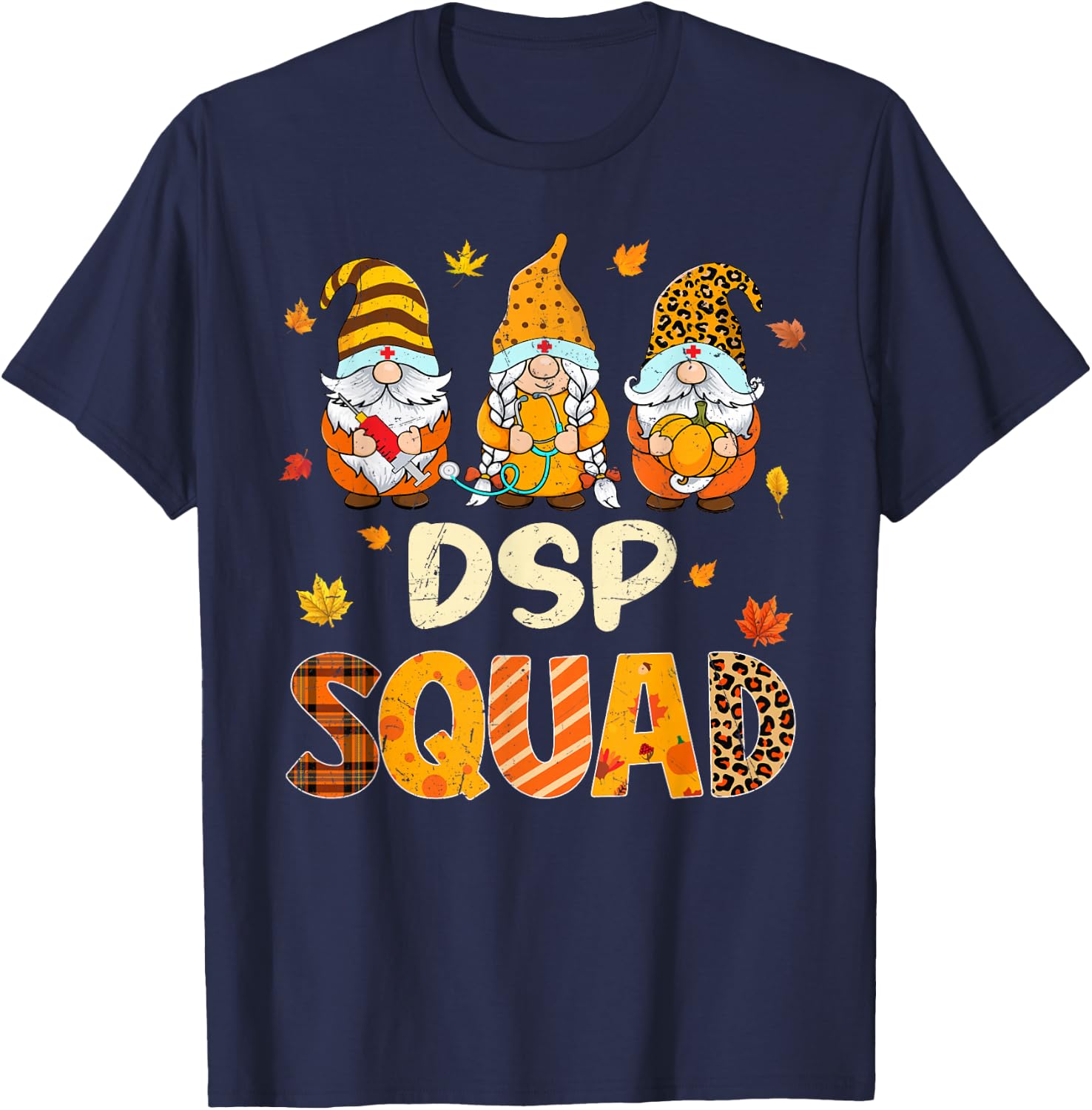 DSP Squad Gnome Nurse Leopard Thanksgiving Fall Stethoscope T-Shirt - T-Shirt | Navy