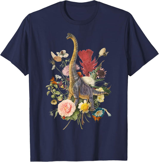 Cute Cottagecore Trex Dinosaur Flower Botanical Vintage T-Shirt - T-Shirt | Navy