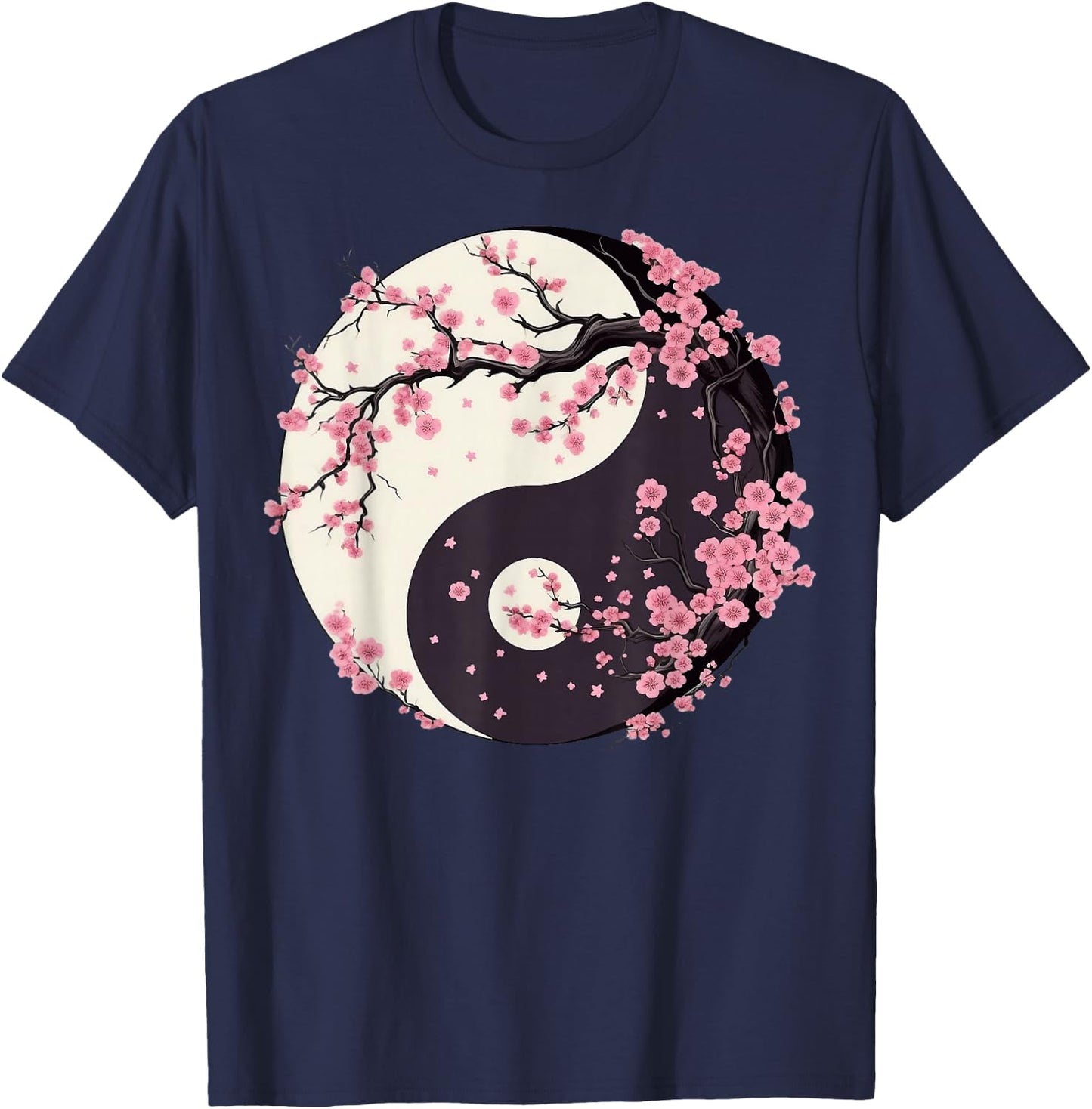 Cherry Blossom Yin Yang Tree of Life Moon Sun Duality T-Shirt - T-Shirt | Navy