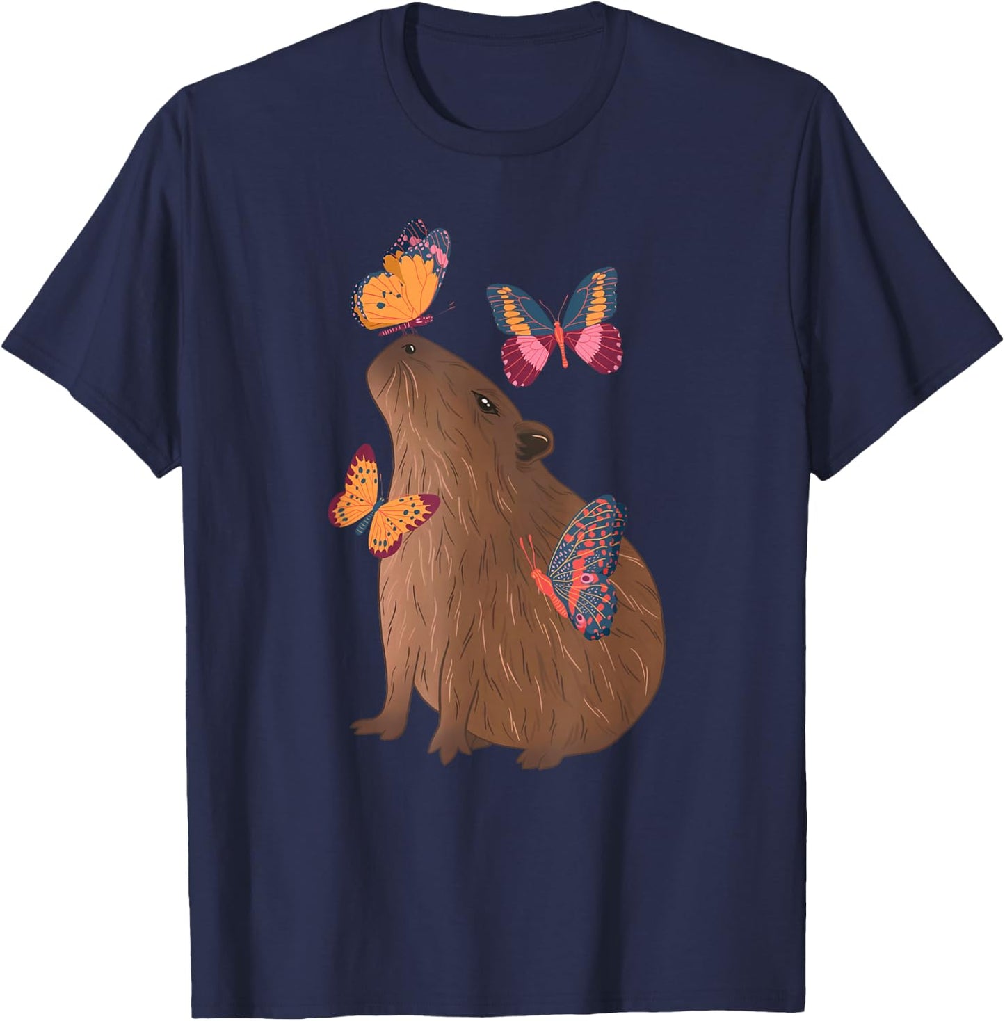 Funny Capybara With Butterfly Cute Rodent Animal Lover Gifts T-Shirt - T-Shirt | Navy