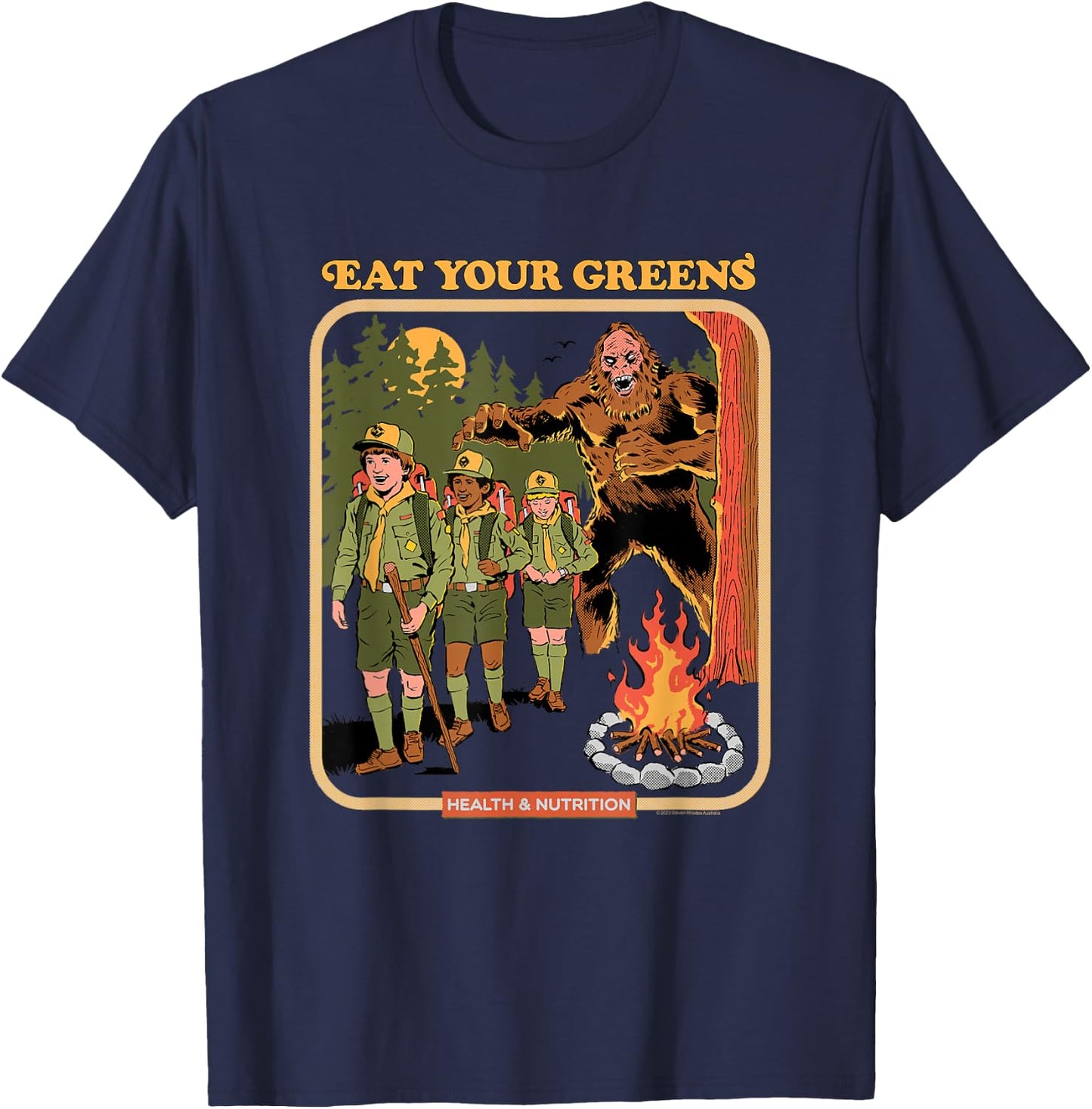 Steven Rhodes Eat Your Greens Bigfoot Retro Dark Humor T-Shirt - T-Shirt | Navy