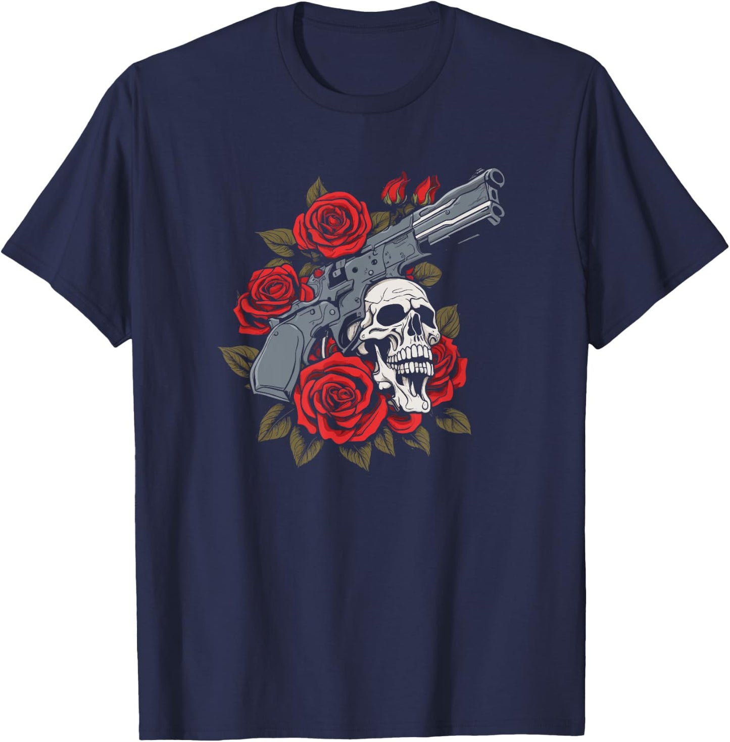 Skeleton Roses 1980s Glam 80s - Guns Rock Music Skull Rose T-Shirt - T-Shirt | Navy
