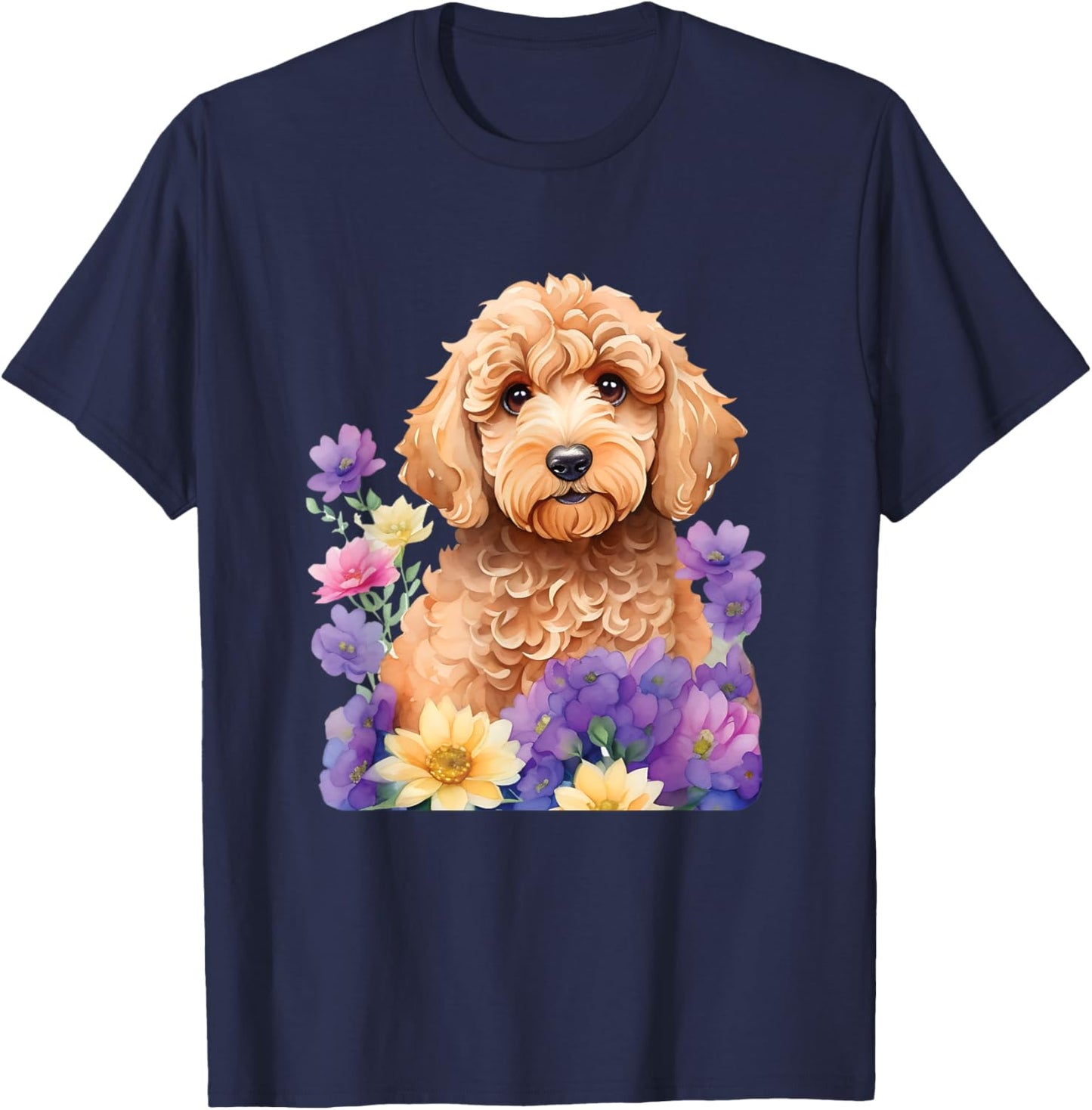 Cute Goldendoodle Doodle Dog Floral Design T-Shirt - T-Shirt | Navy