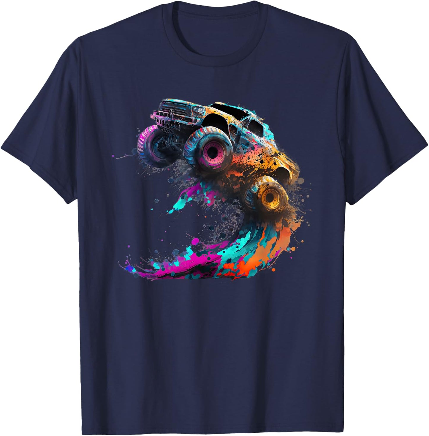 Airborne Monster Truck Jump Off Road Vehicle Colorful Dirt T-Shirt - T-Shirt | Navy