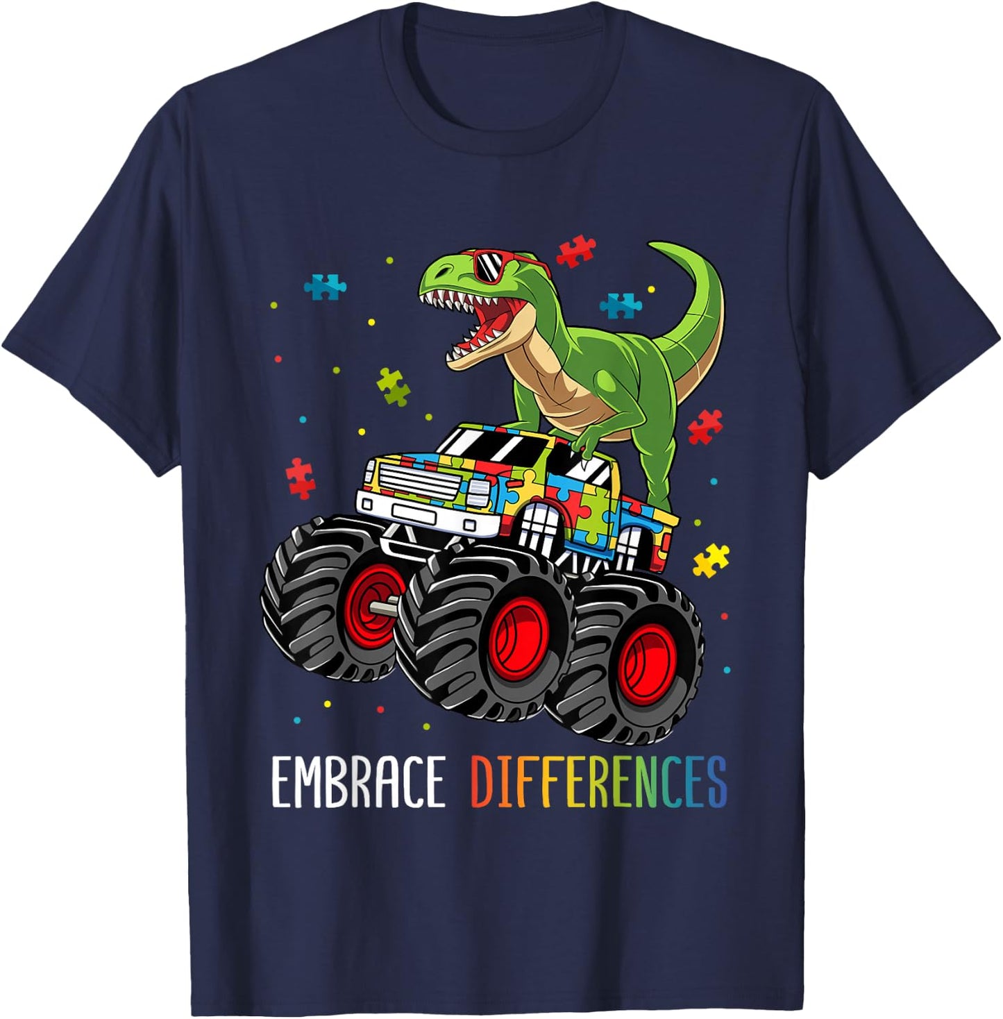 Autism Awareness T-Rex Monster Truck Embrace Differences T-Shirt - T-Shirt | Navy