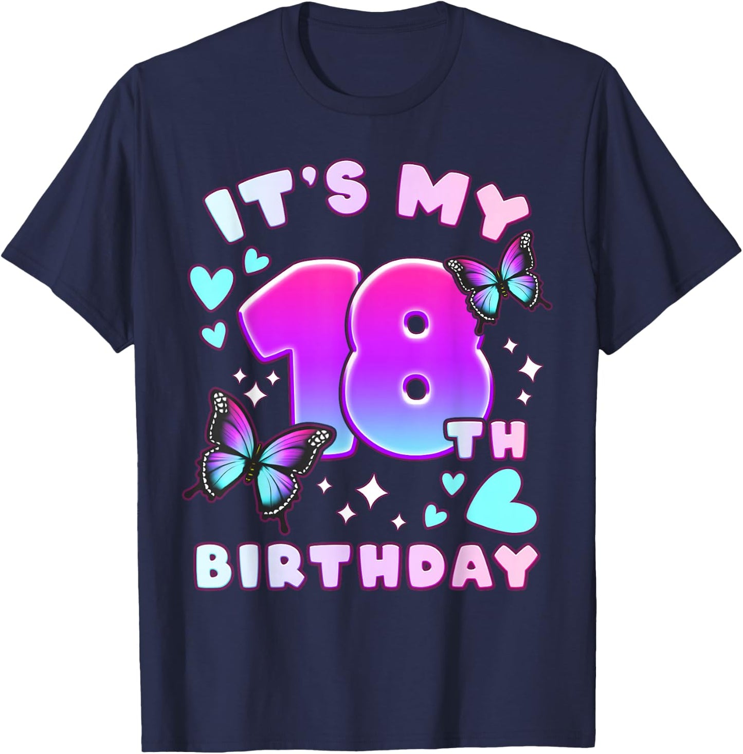 18th Birthday, Girl 18 years, Butterflies and Number 18 T-Shirt - T-Shirt | Navy