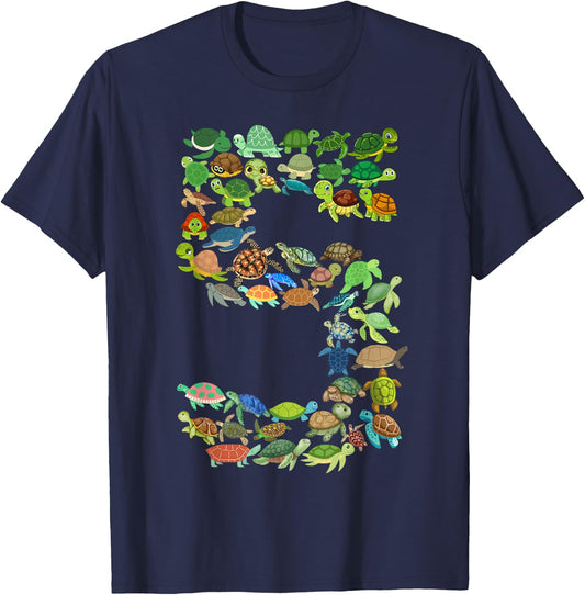 Kids 5th Birthday Sea Turtle Tortoise Themed 5 Year Old Boys T-Shirt - T-Shirt | Navy