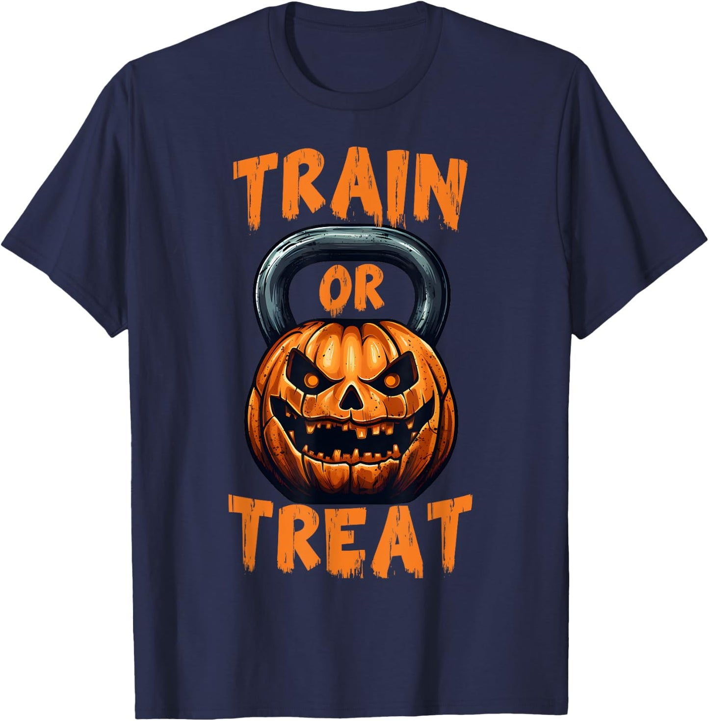 Train or Treat Halloween Pumpkin Kettlebell Gym Workout T-Shirt - T-Shirt | Navy