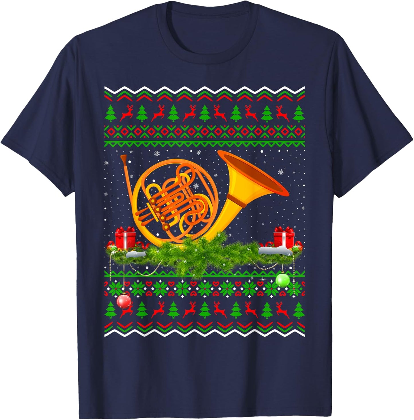 French Horn Musical Xmas Sweater Ugly French Horn Christmas T-Shirt - T-Shirt | Navy