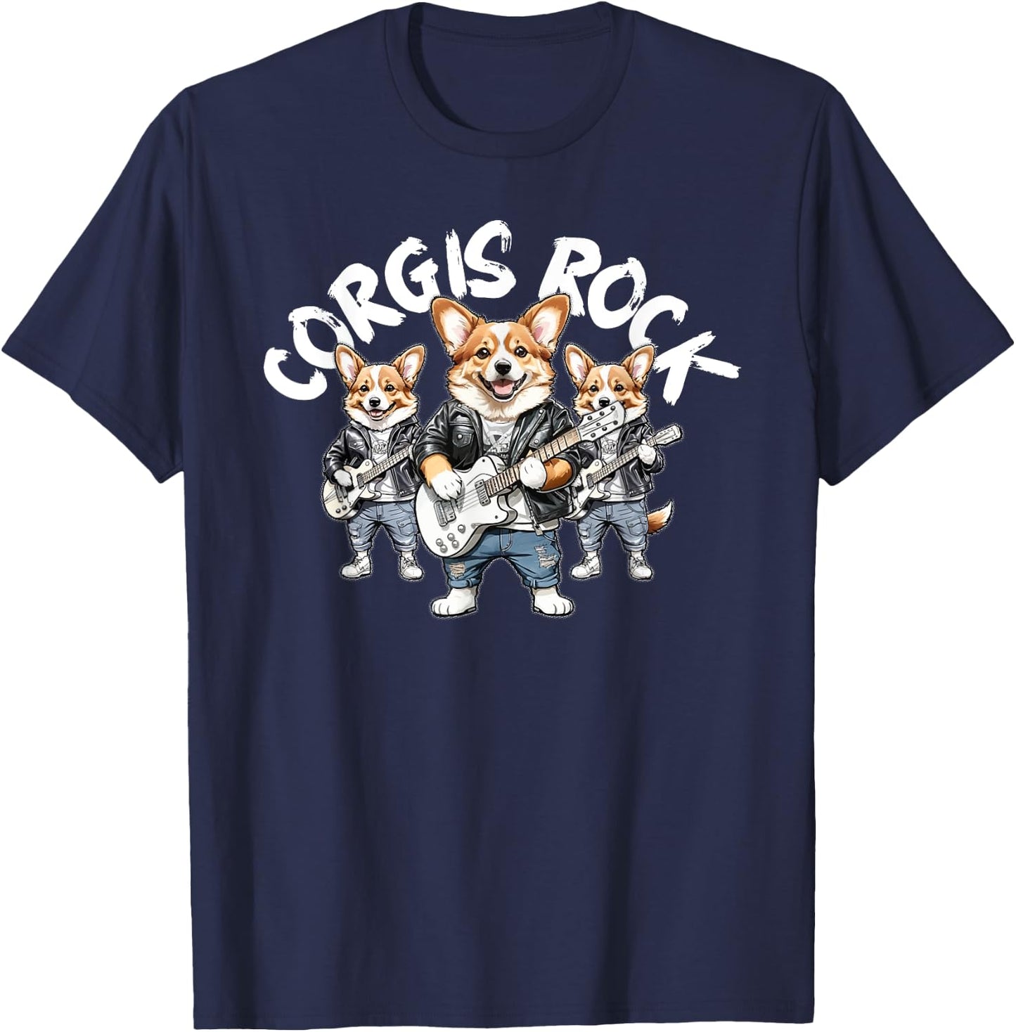 Corgis Rock Cute Cool Corgi Trio Rocking Out Playing Guitar T-Shirt - T-Shirt | Navy