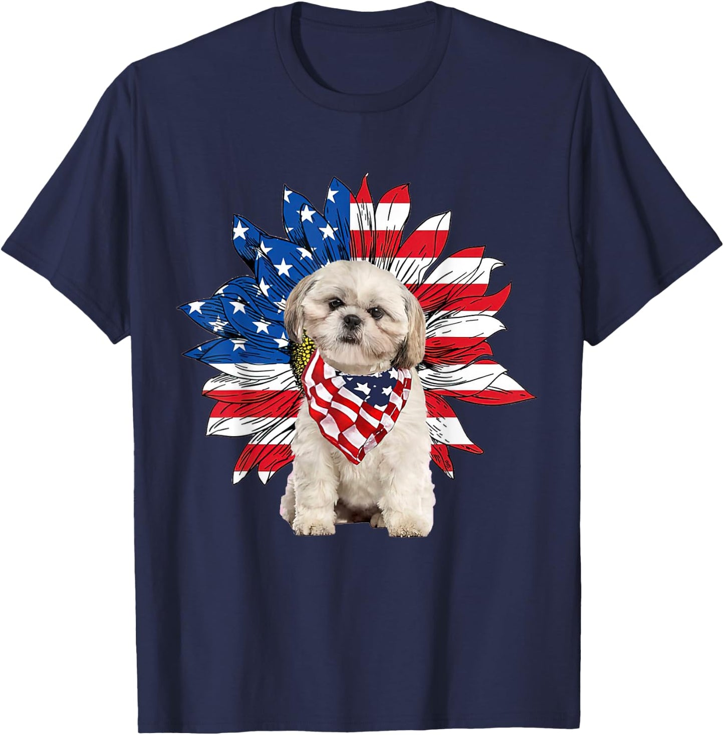 Shih Tzu American Flag Sunflower Dog Lovers 4th Of July T-Shirt - T-Shirt | Navy
