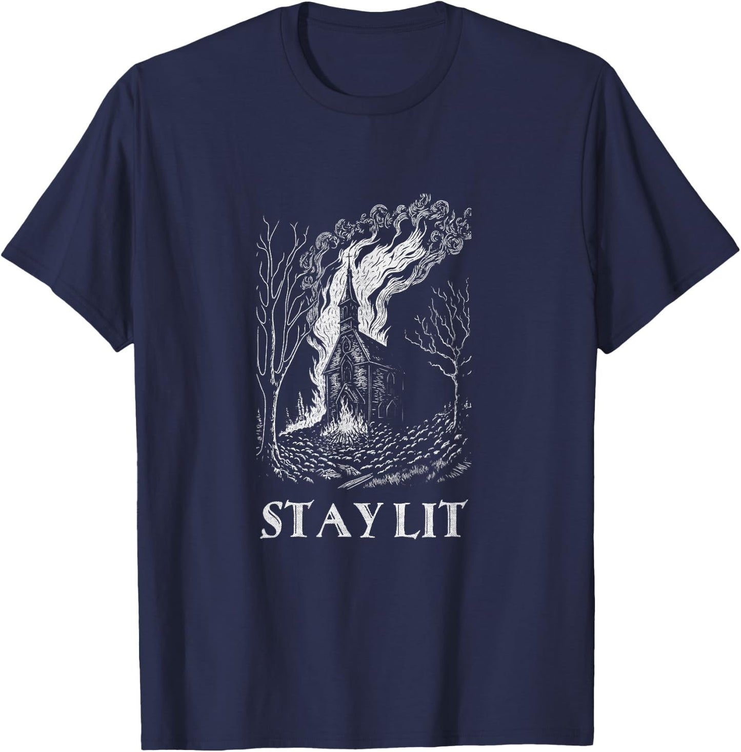 Occult Atheist Burn Church Stay Lit Satan Devil Grunge T-Shirt - T-Shirt | Navy