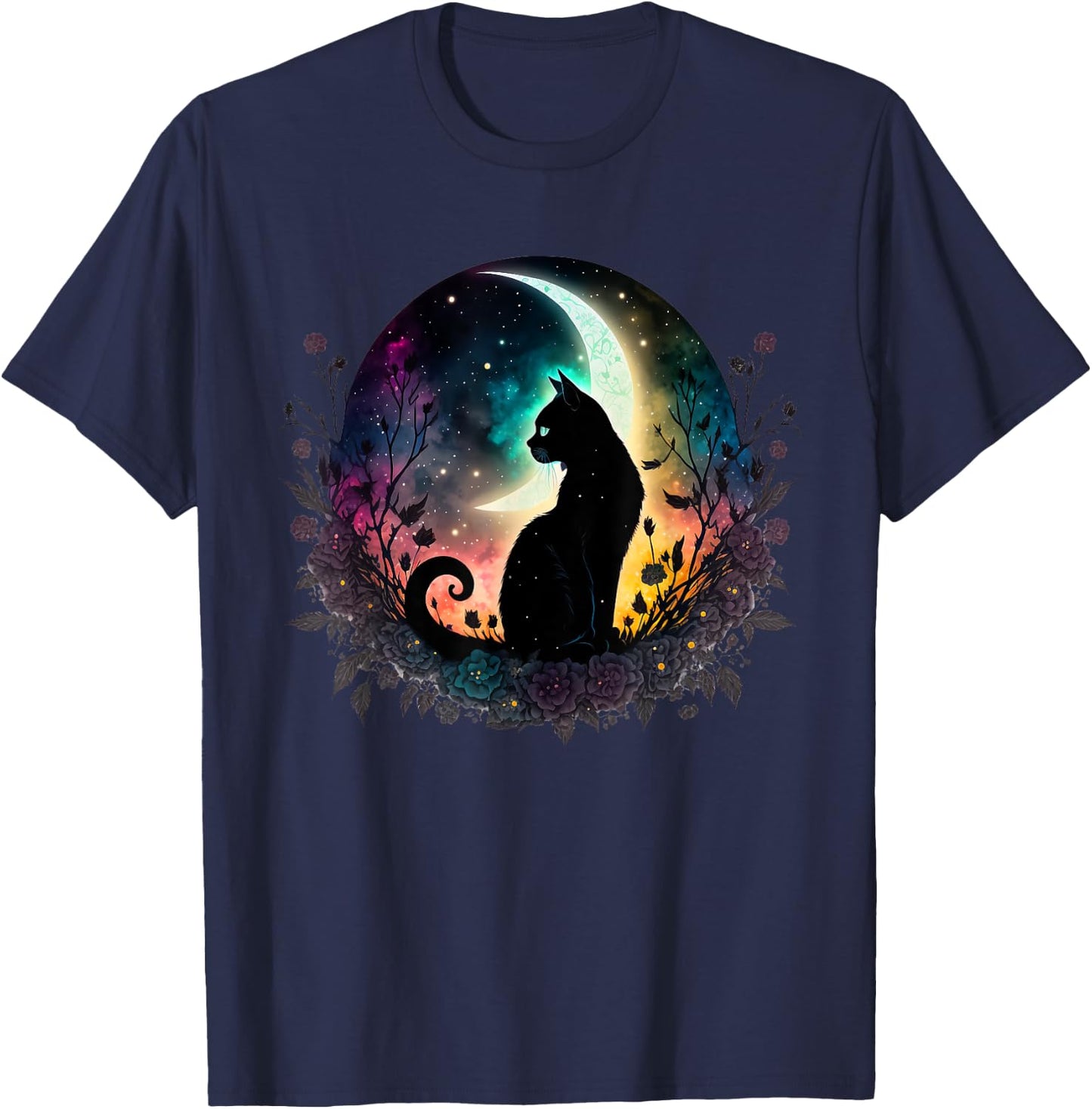 Celestial Cat Moon Botanical Witchy Colorful Spiritual Cats T-Shirt - T-Shirt | Navy
