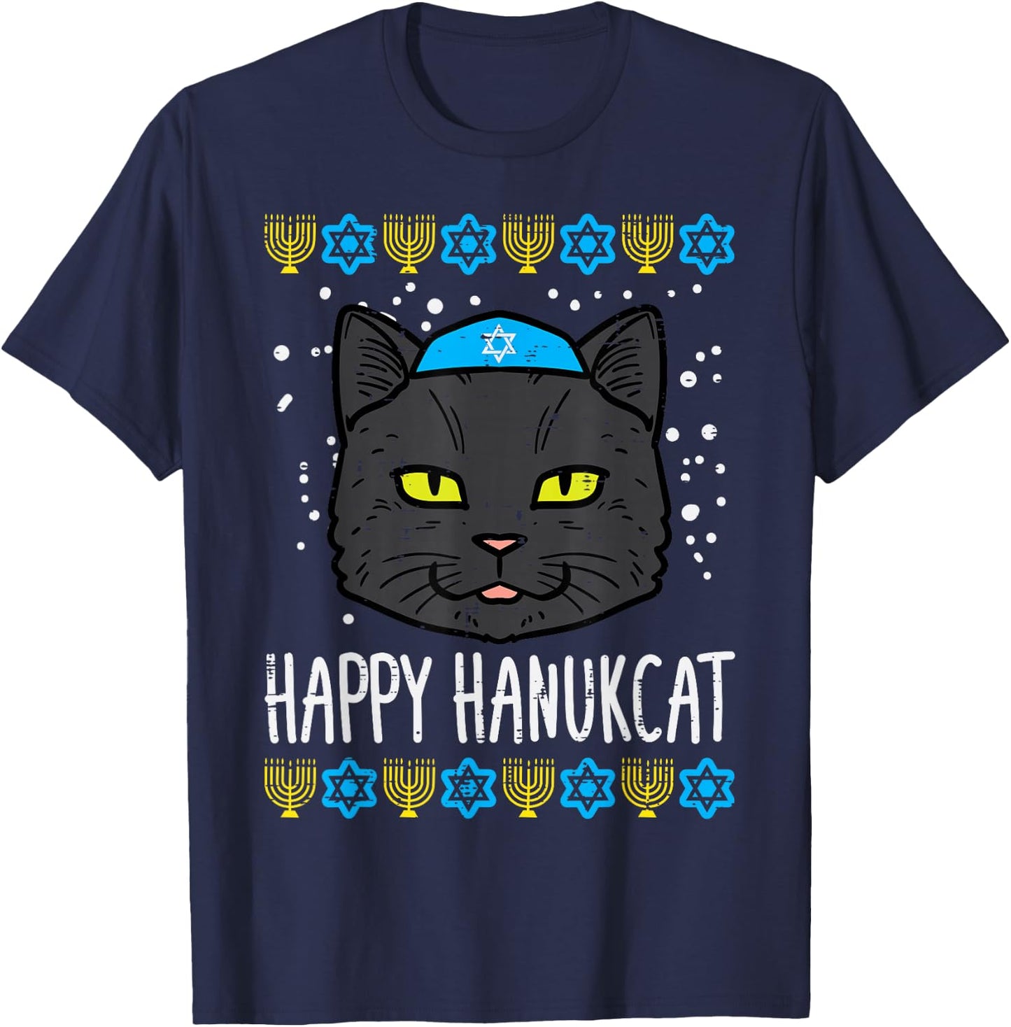 Happy Hanukcat Cat Ugly Hanukkah Chanukah Jew Men Women Kids T-Shirt - T-Shirt | Navy