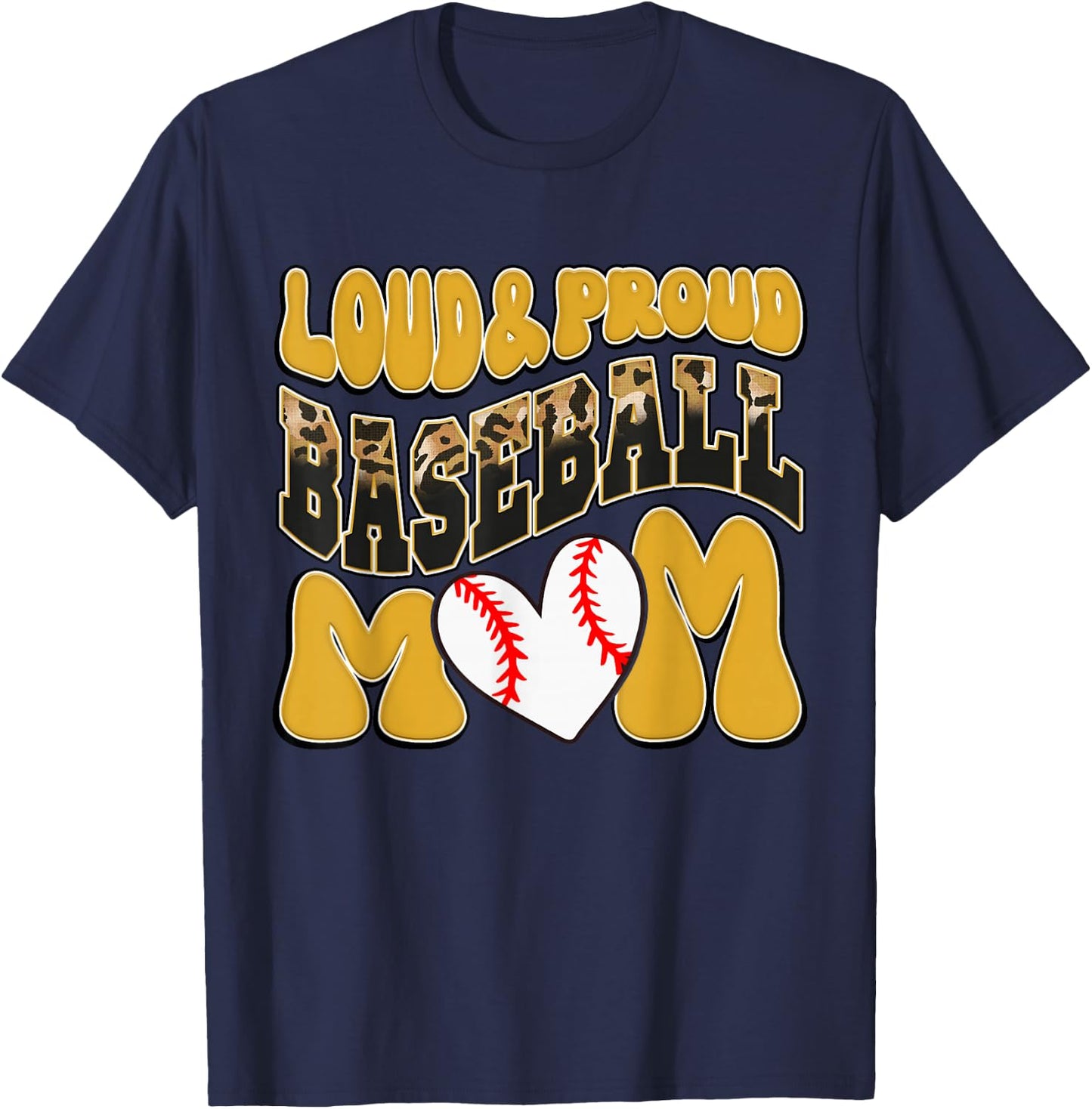 Loud Proud Baseball Mom Yellow Leopard Baseball Mom Mama T-Shirt - T-Shirt | Navy