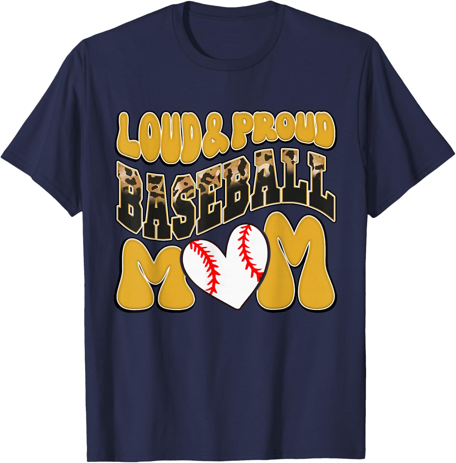 Loud Proud Baseball Mom Yellow Leopard Baseball Mom Mama T-Shirt - T-Shirt | Navy