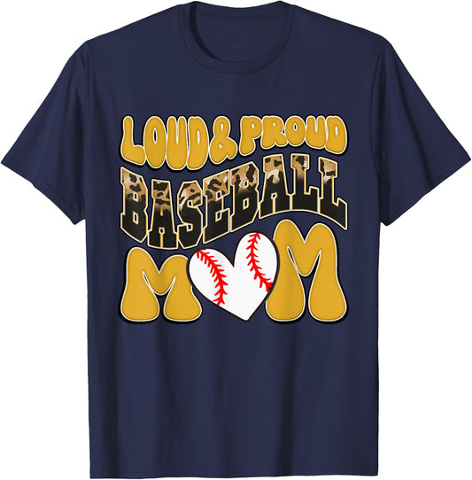 Loud Proud Baseball Mom Yellow Leopard Baseball Mom Mama T-Shirt - T-Shirt | Navy