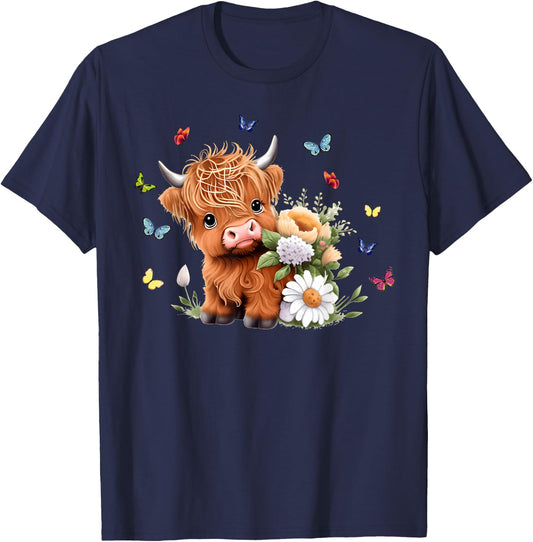 Cute Baby Highland Cow with Flowers Calf Animal Spring T-Shirt - T-Shirt | Navy