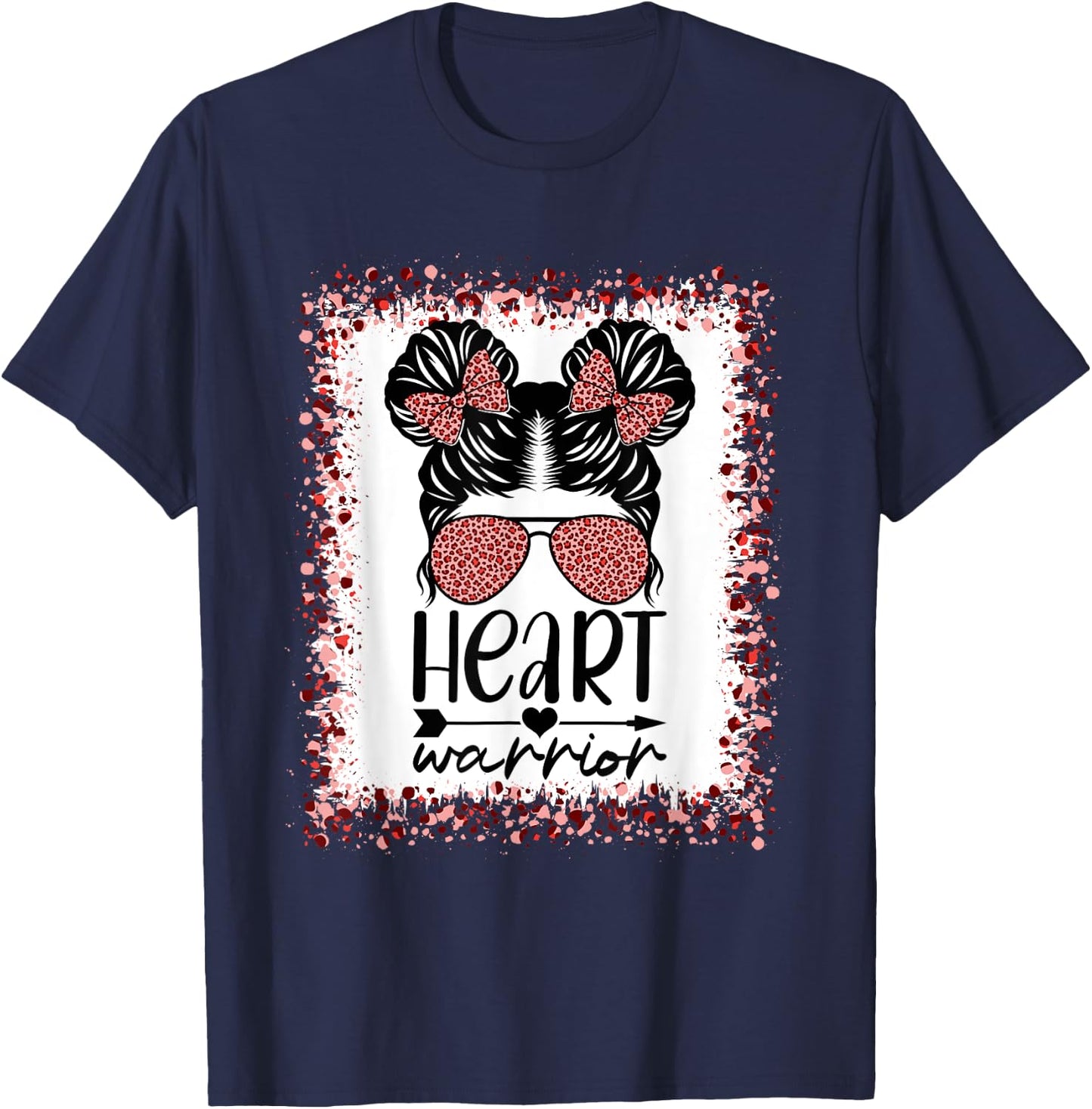 Heart Warrior Messy Bun Leopard Heart Disease Awareness T-Shirt - T-Shirt | Navy