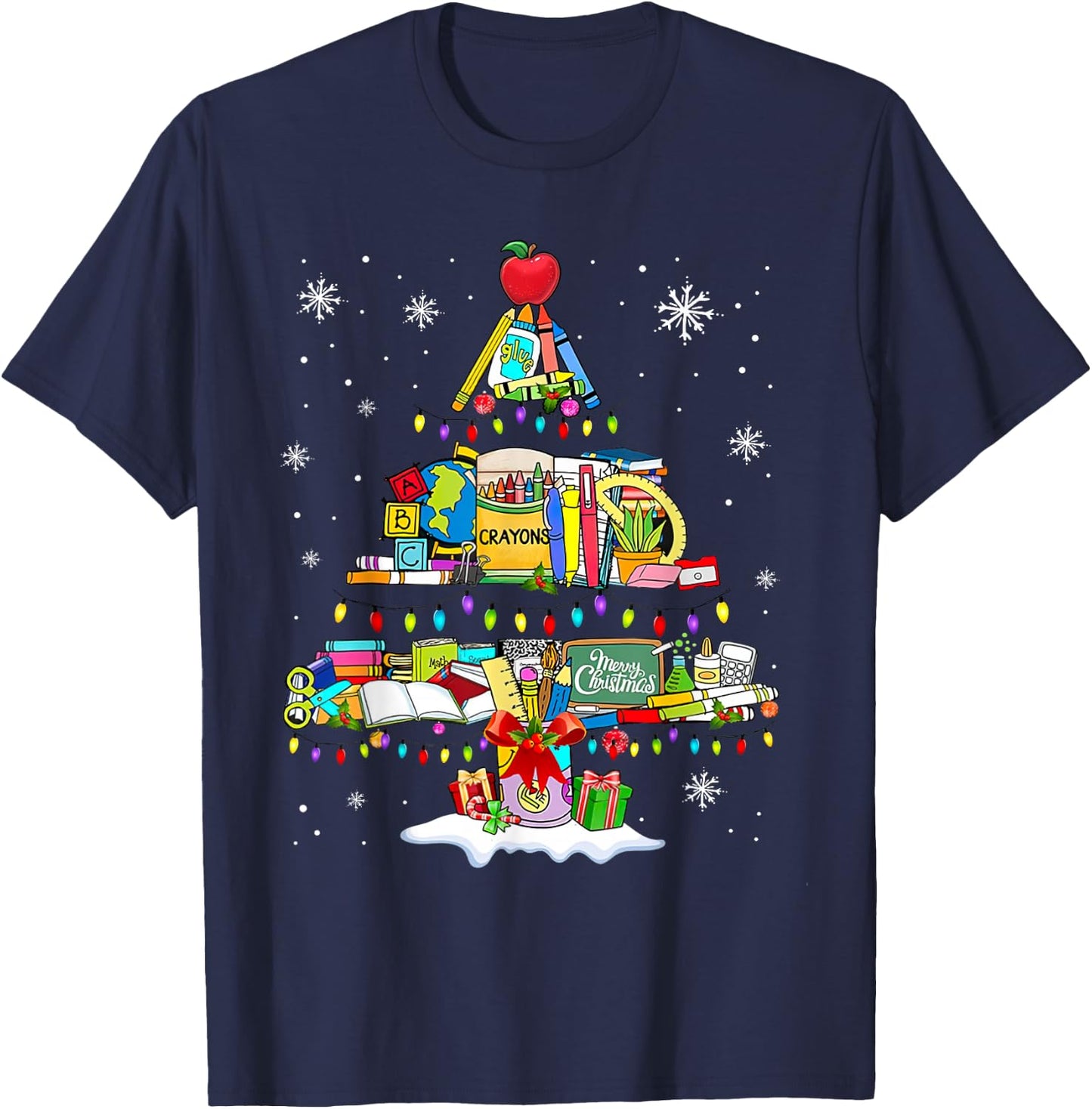 Teacher Christmas Tree School Supplies T-Shirt - T-Shirt | Navy