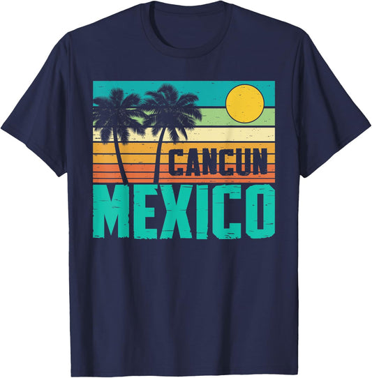Cancun Mexico Beach Sunset Palm Trees Retro Summer Vacation T-Shirt - T-Shirt | Navy