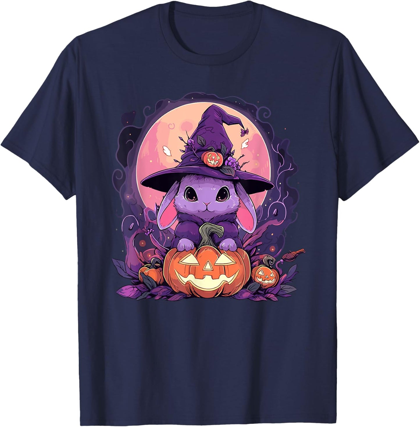 Halloween Cute Bunny Rabbit Witch Hat Jack o Lantern Graphic T-Shirt - T-Shirt | Navy