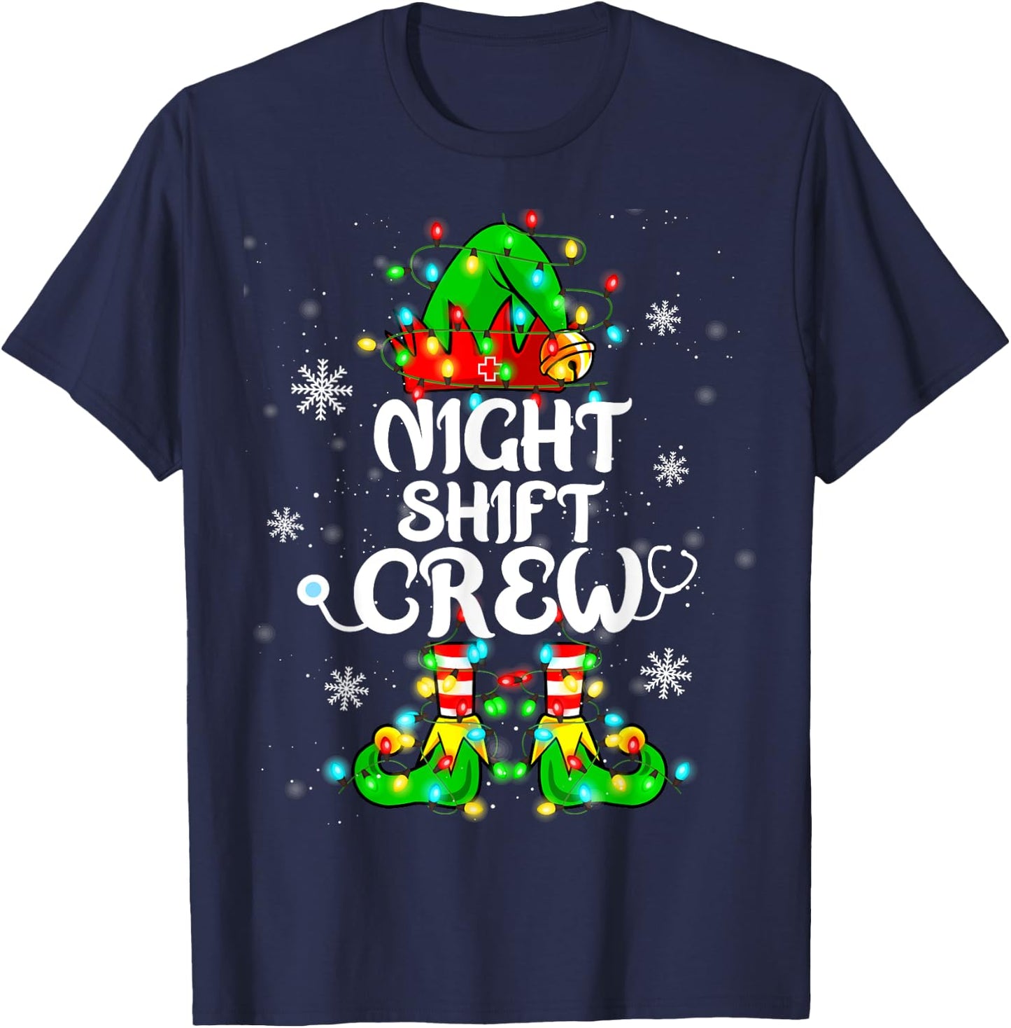 Night Shift Crew Funny Nurse Elf Chrsitmas Lights Cute Xmas T-Shirt - T-Shirt | Navy