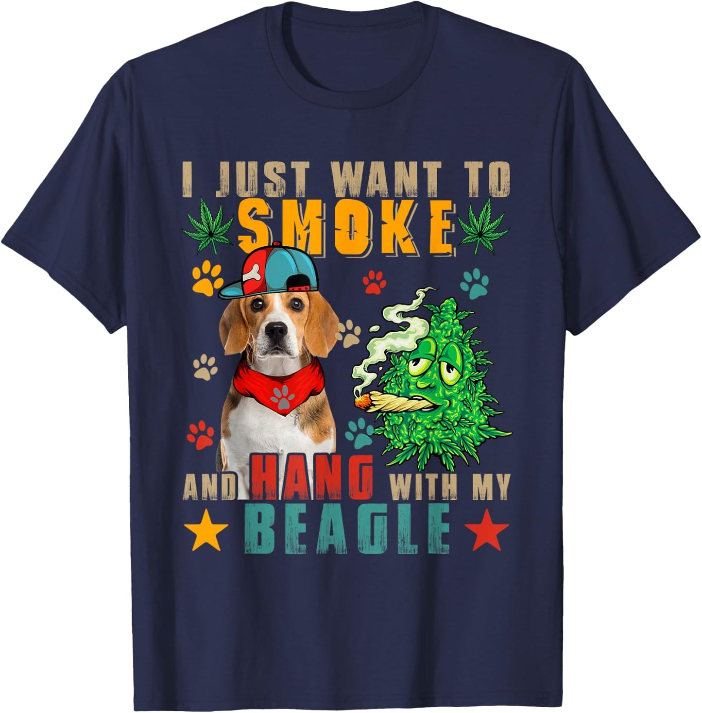 Vintage Smoke And Hang With My Beagle Funny Smoker Weed T-Shirt - T-Shirt | Navy